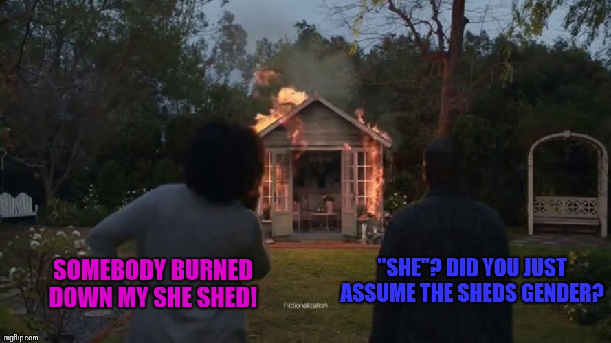 Cheryl's She Shed | "SHE"? DID YOU JUST ASSUME THE SHEDS GENDER? SOMEBODY BURNED DOWN MY SHE SHED! | image tagged in cheryl's she shed | made w/ Imgflip meme maker