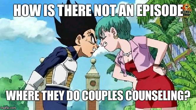 Vegeta & Bulma | HOW IS THERE NOT AN EPISODE; WHERE THEY DO COUPLES COUNSELING? | image tagged in vegeta  bulma | made w/ Imgflip meme maker