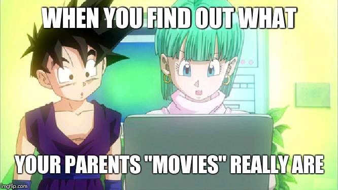 Gohan and Bulma | WHEN YOU FIND OUT WHAT; YOUR PARENTS "MOVIES" REALLY ARE | image tagged in gohan and bulma | made w/ Imgflip meme maker