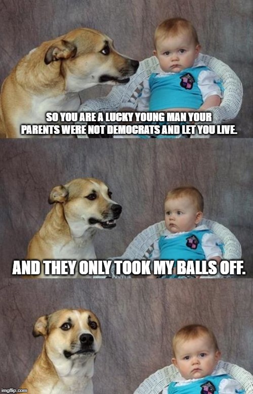 Baby and dog | SO YOU ARE A LUCKY YOUNG MAN YOUR PARENTS WERE NOT DEMOCRATS AND LET YOU LIVE. AND THEY ONLY TOOK MY BALLS OFF. | image tagged in baby and dog | made w/ Imgflip meme maker