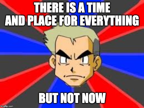 Professor Oak Meme | THERE IS A TIME AND PLACE FOR EVERYTHING; BUT NOT NOW | image tagged in memes,professor oak | made w/ Imgflip meme maker