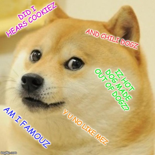 Doge | DID I HEARS COOKIEZ; AND CHILI DOGZ; IZ HOT DOG MADE OUT OF DOGZ? AM I FAMOUZ; Y U NO LIKE MEZ | image tagged in memes,doge | made w/ Imgflip meme maker