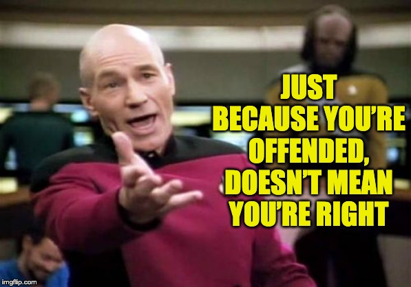 Picard Wtf | JUST BECAUSE YOU’RE OFFENDED, DOESN’T MEAN YOU’RE RIGHT | image tagged in memes,picard wtf | made w/ Imgflip meme maker