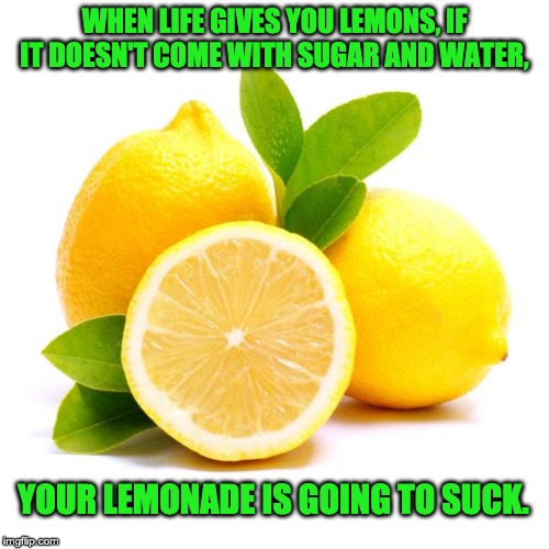when lif gives you lemons | WHEN LIFE GIVES YOU LEMONS, IF IT DOESN'T COME WITH SUGAR AND WATER, YOUR LEMONADE IS GOING TO SUCK. | image tagged in when lif gives you lemons | made w/ Imgflip meme maker