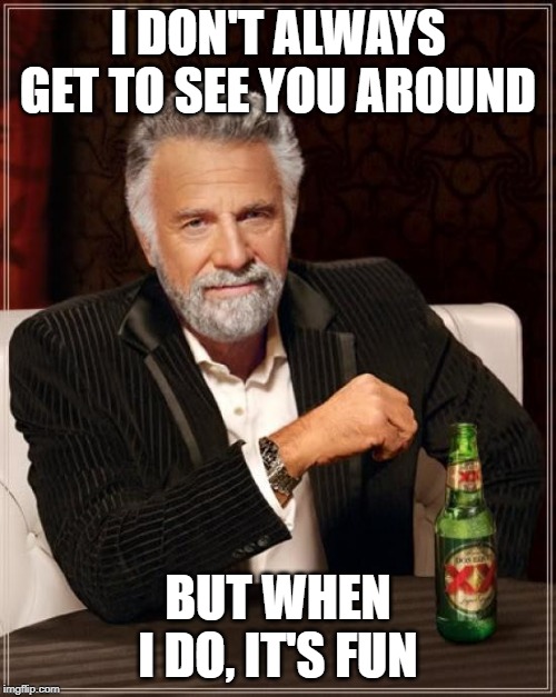 I don't always see you around | I DON'T ALWAYS GET TO SEE YOU AROUND; BUT WHEN I DO, IT'S FUN | image tagged in memes,the most interesting man in the world | made w/ Imgflip meme maker