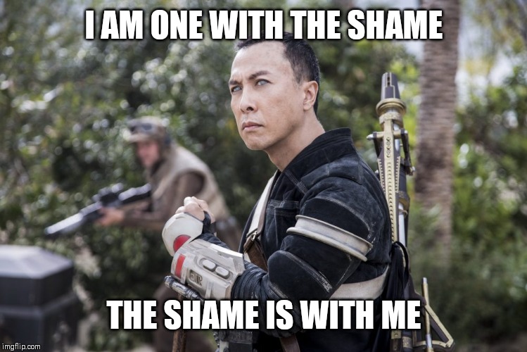 Star Wars Rogue One Chirrut Îmwe Donny Yen | I AM ONE WITH THE SHAME; THE SHAME IS WITH ME | image tagged in star wars rogue one chirrut mwe donny yen | made w/ Imgflip meme maker