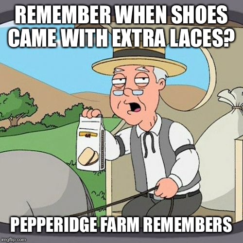 Pepperidge Farm Remembers | REMEMBER WHEN SHOES CAME WITH EXTRA LACES? PEPPERIDGE FARM REMEMBERS | image tagged in memes,pepperidge farm remembers,AdviceAnimals | made w/ Imgflip meme maker