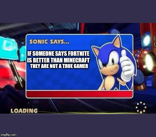 Sonic Says | IF SOMEONE SAYS FORTNITE IS BETTER THAN MINECRAFT; THEY ARE NOT A TRUE GAMER | image tagged in sonic says | made w/ Imgflip meme maker