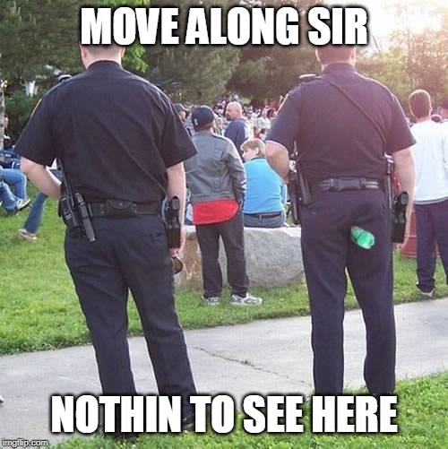 CRIMINALS HIDE STUFF THERE.. | MOVE ALONG SIR; NOTHIN TO SEE HERE | image tagged in cops,wtf | made w/ Imgflip meme maker