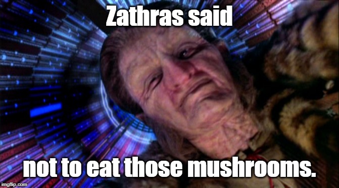 Never eat the things you find on Epsilon III | Zathras said; not to eat those mushrooms. | image tagged in babylon 5,zathras,mushrooms | made w/ Imgflip meme maker