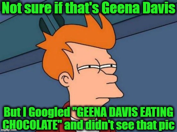 Futurama Fry Meme | Not sure if that's Geena Davis But I Googled "GEENA DAVIS EATING CHOCOLATE" and didn't see that pic | image tagged in memes,futurama fry | made w/ Imgflip meme maker