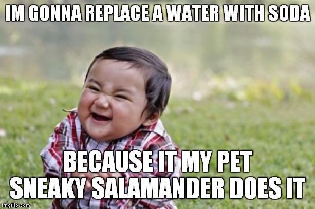 Evil Toddler | IM GONNA REPLACE A WATER WITH SODA; BECAUSE IT MY PET SNEAKY SALAMANDER DOES IT | image tagged in memes,evil toddler | made w/ Imgflip meme maker
