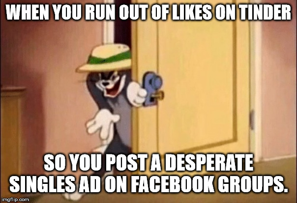 Tom and Jerry | WHEN YOU RUN OUT OF LIKES ON TINDER; SO YOU POST A DESPERATE SINGLES AD ON FACEBOOK GROUPS. | image tagged in tom and jerry | made w/ Imgflip meme maker