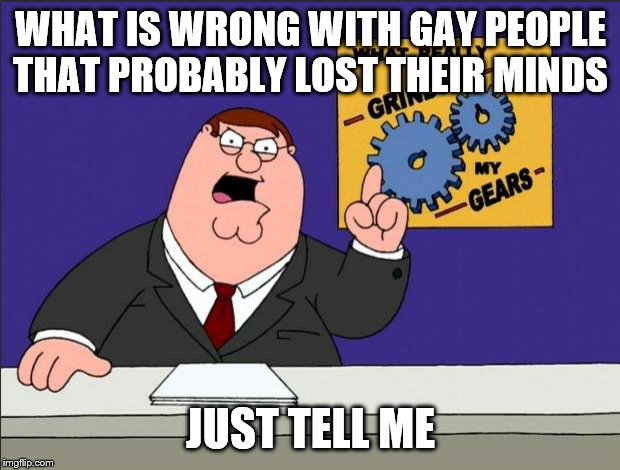 Peter Griffin - Grind My Gears | WHAT IS WRONG WITH GAY PEOPLE THAT PROBABLY LOST THEIR MINDS JUST TELL ME | image tagged in peter griffin - grind my gears | made w/ Imgflip meme maker