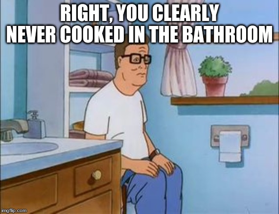 king of the hill bathroom toilet | RIGHT, YOU CLEARLY NEVER COOKED IN THE BATHROOM | image tagged in king of the hill bathroom toilet | made w/ Imgflip meme maker