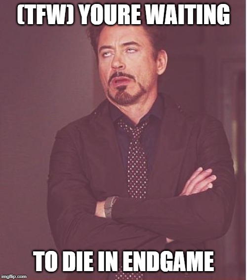 Face You Make Robert Downey Jr Meme | (TFW) YOURE WAITING; TO DIE IN ENDGAME | image tagged in memes,face you make robert downey jr | made w/ Imgflip meme maker