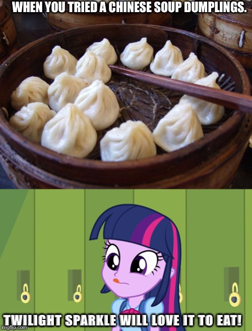 Dumplings is delicious! | WHEN YOU TRIED A CHINESE SOUP DUMPLINGS. TWILIGHT SPARKLE WILL LOVE IT TO EAT! | image tagged in food,twilight sparkle,my little pony,equestria girls | made w/ Imgflip meme maker