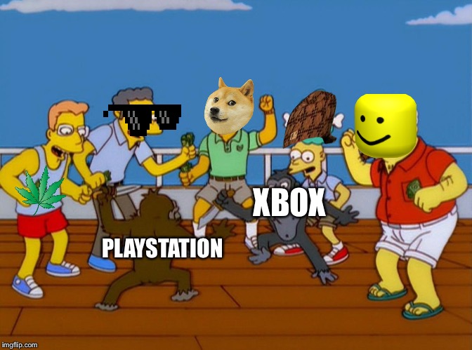 Xbox Vs PlayStation | XBOX; PLAYSTATION | image tagged in simpsons monkey fight,playstation,xbox,xbox vs ps4,console wars,video games | made w/ Imgflip meme maker