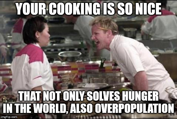 Angry Chef Gordon Ramsay Meme | YOUR COOKING IS SO NICE; THAT NOT ONLY SOLVES HUNGER IN THE WORLD, ALSO OVERPOPULATION | image tagged in memes,angry chef gordon ramsay | made w/ Imgflip meme maker