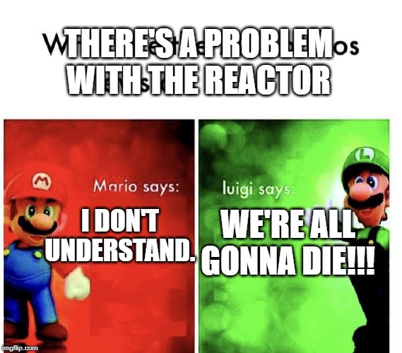 Mario Bros. Views | THERE'S A PROBLEM WITH THE REACTOR; WE'RE ALL GONNA DIE!!! I DON'T UNDERSTAND. | image tagged in mario bros views | made w/ Imgflip meme maker