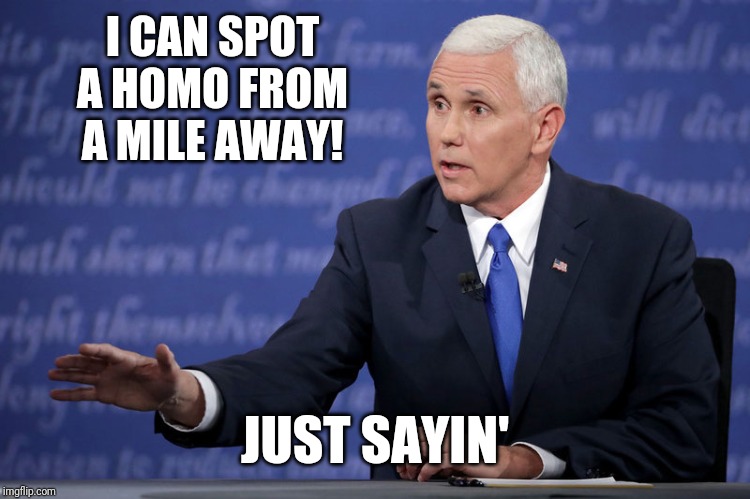 Mike Pence - just sayin' | I CAN SPOT A HOMO FROM A MILE AWAY! JUST SAYIN' | image tagged in mike pence - just sayin' | made w/ Imgflip meme maker