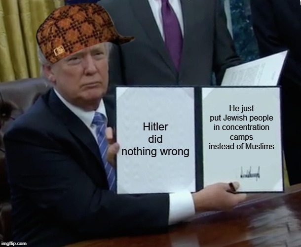 Trump Bill Signing | Hitler did nothing wrong; He just put Jewish people in concentration camps instead of Muslims | image tagged in memes,trump bill signing | made w/ Imgflip meme maker