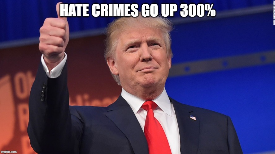 Donald Trump Is Proud | HATE CRIMES GO UP 300% | image tagged in donald trump is proud | made w/ Imgflip meme maker