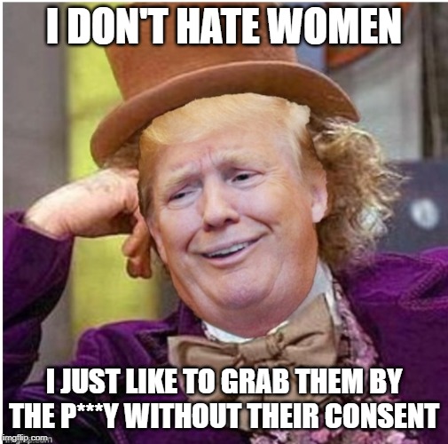 Wonka Trump | I DON'T HATE WOMEN; I JUST LIKE TO GRAB THEM BY THE P***Y WITHOUT THEIR CONSENT | image tagged in wonka trump | made w/ Imgflip meme maker