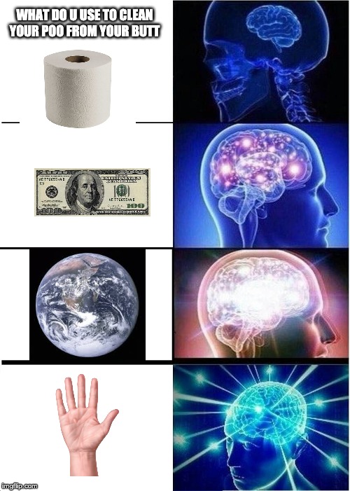 Expanding Brain Meme | WHAT DO U USE TO CLEAN YOUR POO FROM YOUR BUTT | image tagged in memes,expanding brain | made w/ Imgflip meme maker