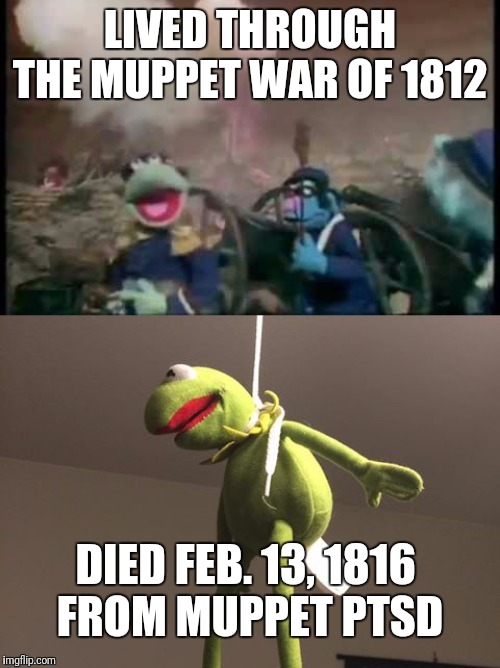 The Casualties of Muppet war | LIVED THROUGH THE MUPPET WAR OF 1812; DIED FEB. 13, 1816 
FROM MUPPET PTSD | image tagged in war,muppets,suicide | made w/ Imgflip meme maker