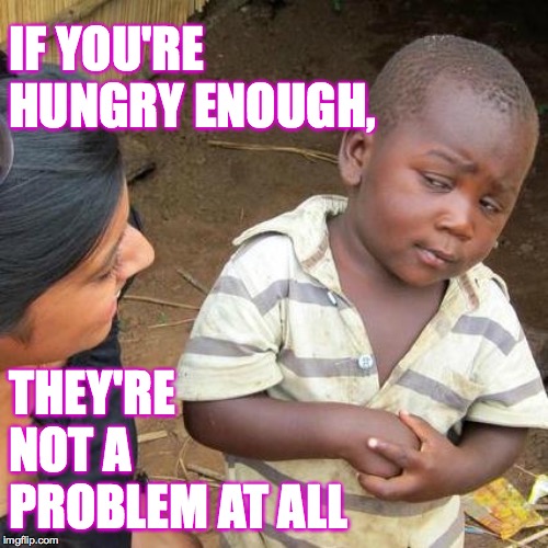 Third World Skeptical Kid Meme | IF YOU'RE HUNGRY ENOUGH, THEY'RE NOT A PROBLEM AT ALL | image tagged in memes,third world skeptical kid | made w/ Imgflip meme maker