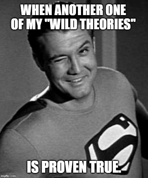 I was right again | WHEN ANOTHER ONE OF MY "WILD THEORIES"; IS PROVEN TRUE. | image tagged in superman wink,conspiracy theory,political meme | made w/ Imgflip meme maker