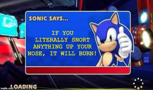 Anything Up the Nose Hurts! | IF YOU LITERALLY SNORT ANYTHING UP YOUR NOSE, IT WILL BURN! | image tagged in sonic says | made w/ Imgflip meme maker