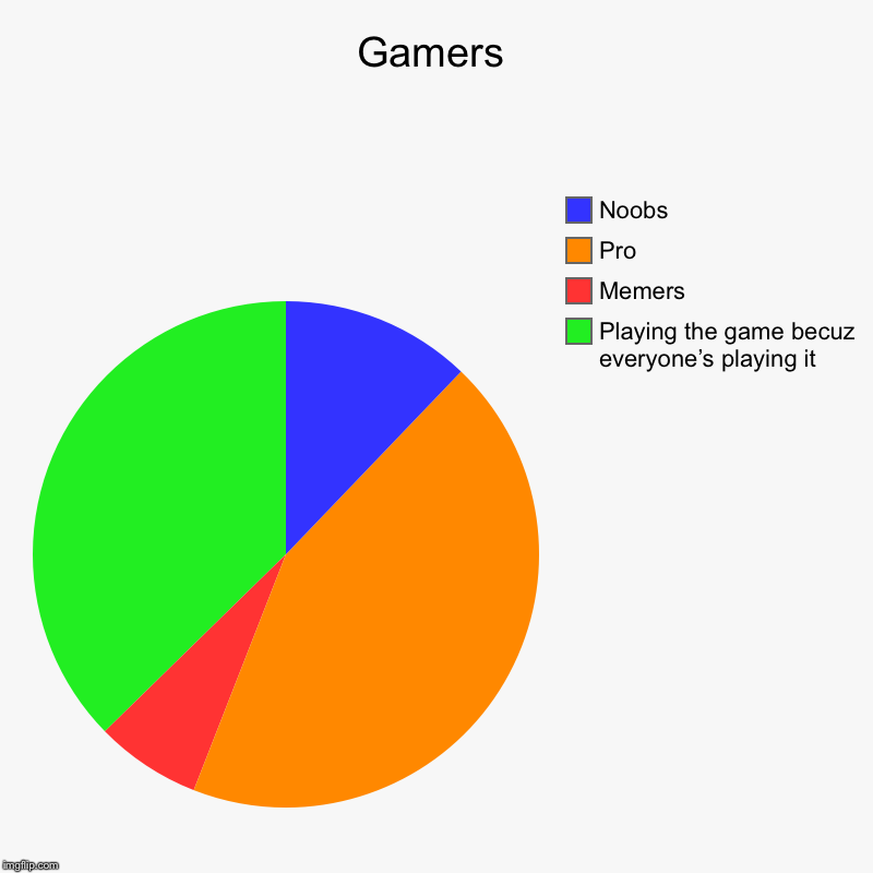 Gamers | Playing the game becuz everyone’s playing it, Memers, Pro, Noobs | image tagged in charts,pie charts | made w/ Imgflip chart maker
