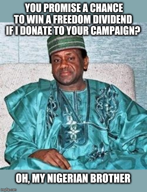 Nigerian Prince | YOU PROMISE A CHANCE TO WIN A FREEDOM DIVIDEND IF I DONATE TO YOUR CAMPAIGN? OH, MY NIGERIAN BROTHER | image tagged in nigerian prince | made w/ Imgflip meme maker