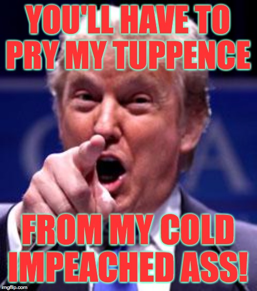 Trump Trademark | YOU'LL HAVE TO
PRY MY TUPPENCE FROM MY COLD IMPEACHED ASS! | image tagged in trump trademark | made w/ Imgflip meme maker