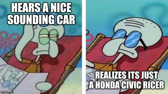 Squidward Don't Care | HEARS A NICE SOUNDING CAR; REALIZES ITS JUST A HONDA CIVIC RICER | image tagged in squidward don't care | made w/ Imgflip meme maker
