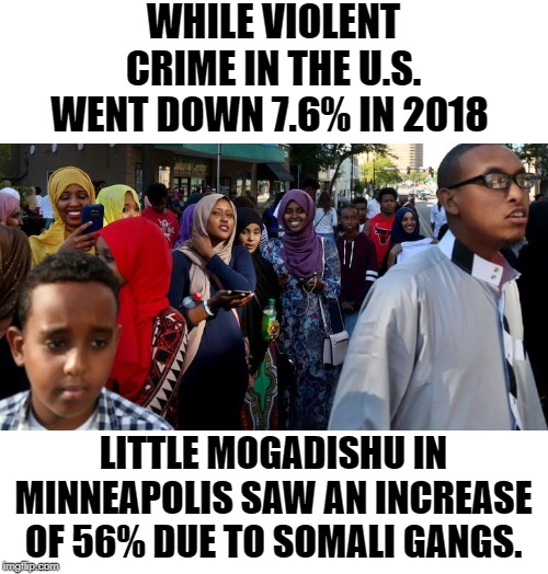 This is Ilhan Omar's district. A breeding grown for terrorists. | WHILE VIOLENT CRIME IN THE U.S. WENT DOWN 7.6% IN 2018; LITTLE MOGADISHU IN MINNEAPOLIS SAW AN INCREASE OF 56% DUE TO SOMALI GANGS. | image tagged in lil mogadishu | made w/ Imgflip meme maker