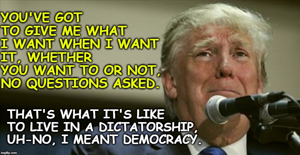 DEMOCRACY. A fine word. | YOU'VE GOT TO GIVE ME WHAT I WANT WHEN I WANT IT, WHETHER YOU WANT TO OR NOT, NO QUESTIONS ASKED. THAT'S WHAT IT'S LIKE TO LIVE IN A DICTATORSHIP, UH-NO, I MEANT DEMOCRACY. | image tagged in trump in tears with emotional breakdown,trump,president,dictator,dictatorship,democracy | made w/ Imgflip meme maker
