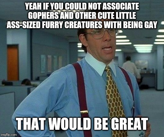 That Would Be Great Meme | YEAH IF YOU COULD NOT ASSOCIATE GOPHERS AND OTHER CUTE LITTLE ASS-SIZED FURRY CREATURES WITH BEING GAY THAT WOULD BE GREAT | image tagged in memes,that would be great | made w/ Imgflip meme maker