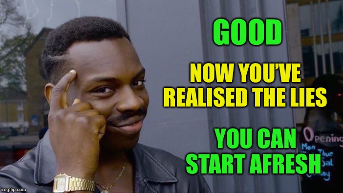 Roll Safe Think About It Meme | GOOD YOU CAN START AFRESH NOW YOU’VE REALISED THE LIES | image tagged in memes,roll safe think about it | made w/ Imgflip meme maker