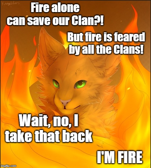I'M FIRE | Fire alone can save our Clan?! But fire is feared by all the Clans! Wait, no, I take that back; I'M FIRE | image tagged in memes,cats,funny cats,fire | made w/ Imgflip meme maker