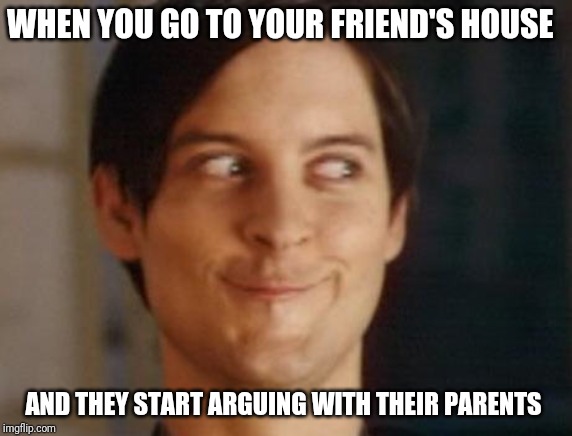 Spiderman Peter Parker Meme | WHEN YOU GO TO YOUR FRIEND'S HOUSE; AND THEY START ARGUING WITH THEIR PARENTS | image tagged in memes,spiderman peter parker | made w/ Imgflip meme maker