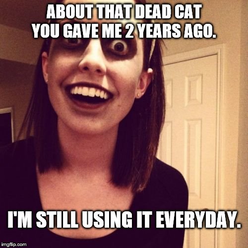 Damn crazy girl! | ABOUT THAT DEAD CAT YOU GAVE ME 2 YEARS AGO. I'M STILL USING IT EVERYDAY. | image tagged in memes,zombie overly attached girlfriend,wtf | made w/ Imgflip meme maker
