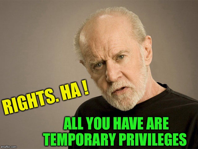 George Carlin | RIGHTS. HA ! ALL YOU HAVE ARE TEMPORARY PRIVILEGES | image tagged in george carlin | made w/ Imgflip meme maker