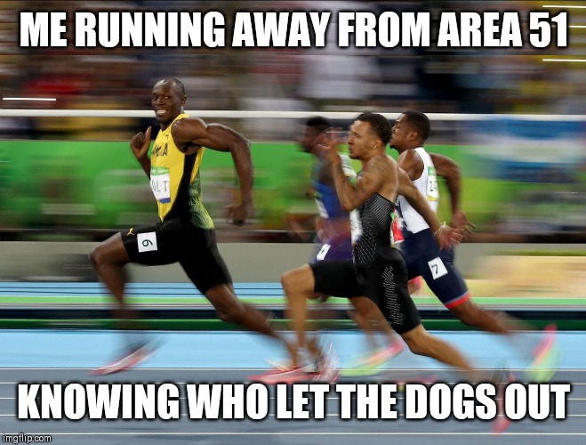 Usain Bolt running | ME RUNNING AWAY FROM AREA 51; KNOWING WHO LET THE DOGS OUT | image tagged in usain bolt running | made w/ Imgflip meme maker