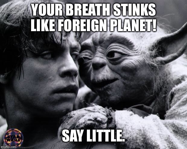 Yoda & Luke | YOUR BREATH STINKS LIKE FOREIGN PLANET! SAY LITTLE. | image tagged in yoda  luke | made w/ Imgflip meme maker