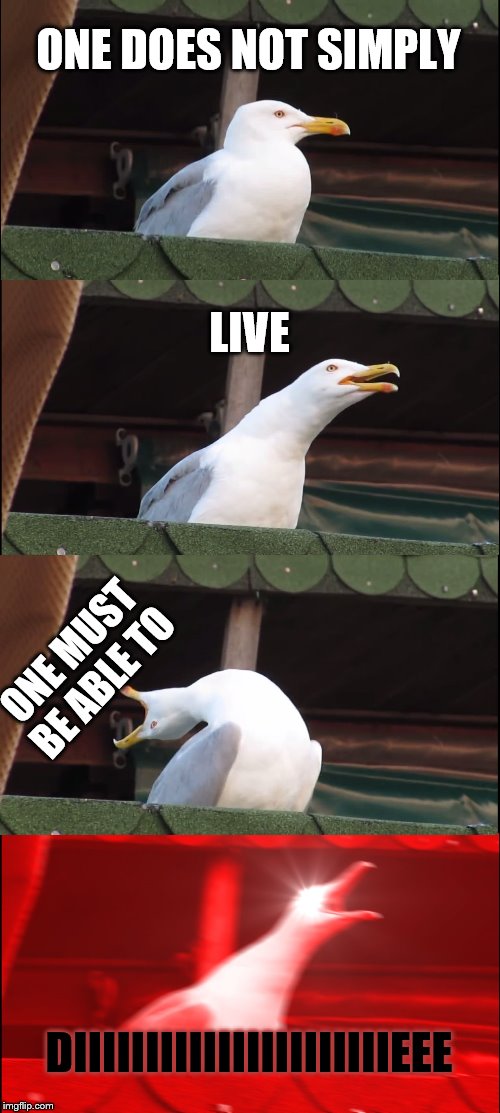 Inhaling Seagull | ONE DOES NOT SIMPLY; LIVE; ONE MUST BE ABLE TO; DIIIIIIIIIIIIIIIIIIIIIIEEE | image tagged in memes,inhaling seagull | made w/ Imgflip meme maker