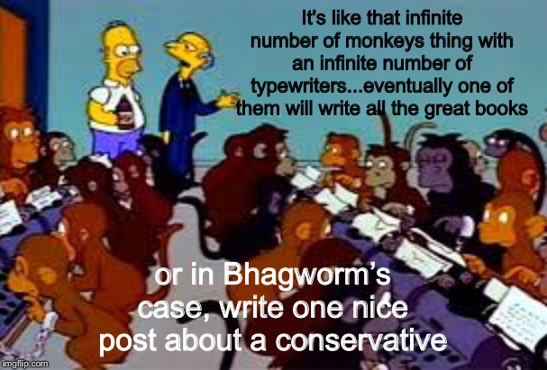 Monkeys typewriter | It's like that infinite number of monkeys thing with an infinite number of typewriters...eventually one of them will write all the great books; or in Bhagworm’s case, write one nice post about a conservative | image tagged in monkeys typewriter | made w/ Imgflip meme maker