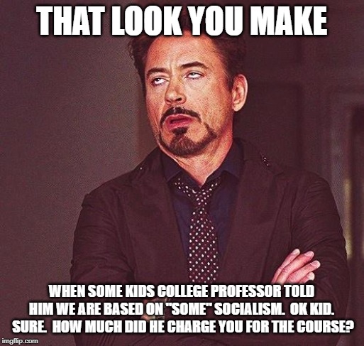 Robert Downey Jr Annoyed | THAT LOOK YOU MAKE WHEN SOME KIDS COLLEGE PROFESSOR TOLD HIM WE ARE BASED ON "SOME" SOCIALISM.  OK KID.  SURE.  HOW MUCH DID HE CHARGE YOU F | image tagged in robert downey jr annoyed | made w/ Imgflip meme maker